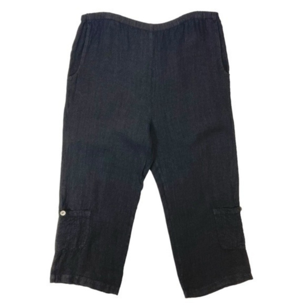 Dear Friends Linen Cropped Pants Womens M Black Elastic Waist Coastal Beach Chic